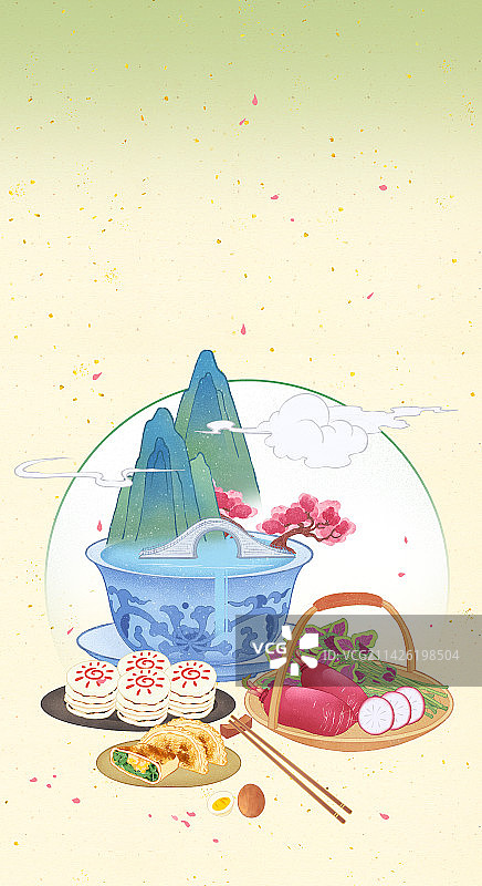 二十四节气春分美食太阳糕春菜山水插画图片素材