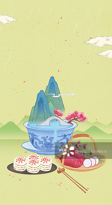 二十四节气春分美食太阳糕春菜山水插画图片素材