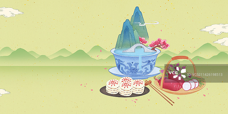 二十四节气春分美食太阳糕春菜山水插画图片素材