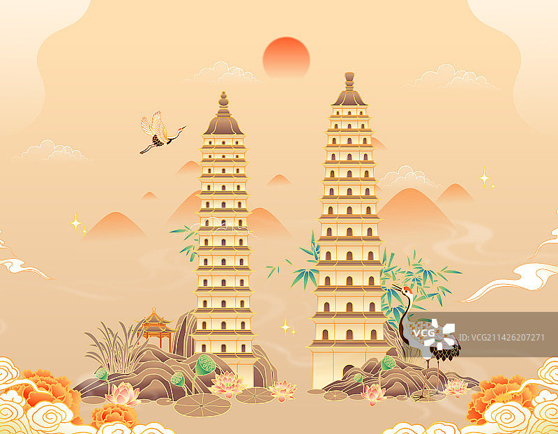 山西太原双塔寺景区地标建筑矢量插画图片素材
