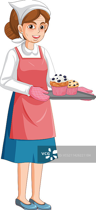 拿着松饼托盘的女面包师图片素材