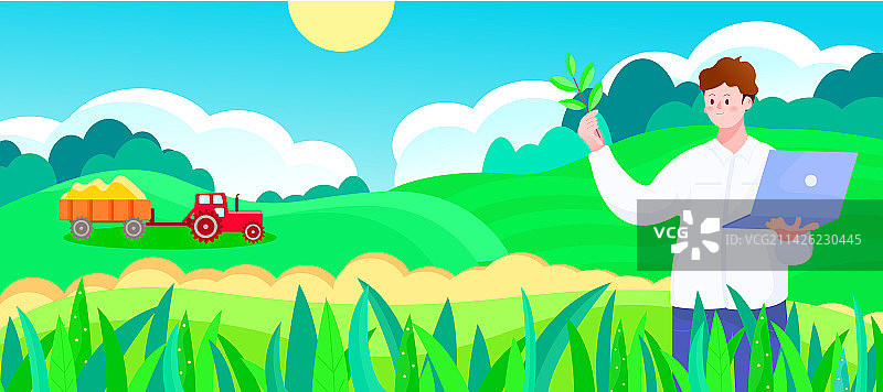卡通智慧农业科技农场乡村发展农民研究员手拿电脑矢量插图图片素材