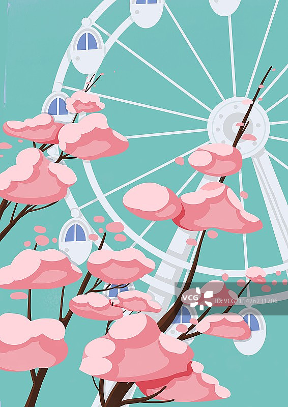 春天谷雨 樱花盛开海报 摩天轮 清新 城市 出游海报图片素材