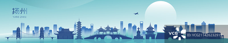 扬州城市地标建筑蓝色矢量插画海报图片素材