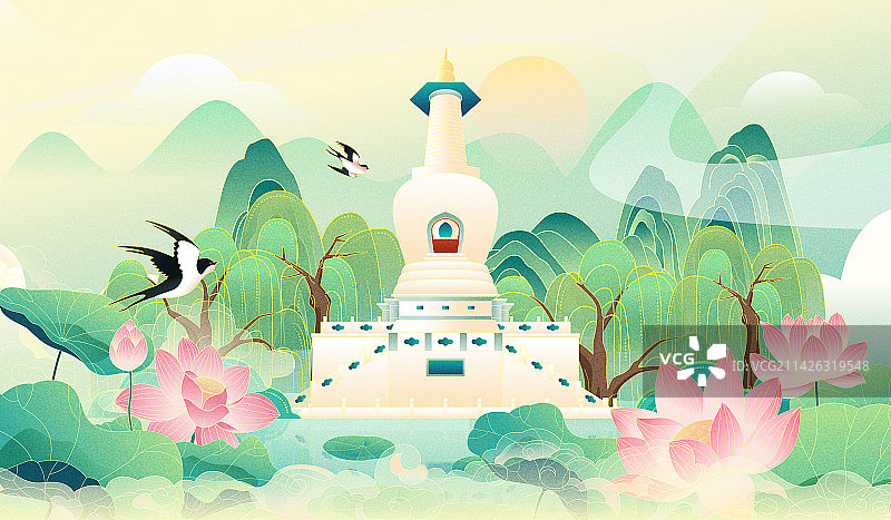 国风扬州瘦西湖白塔节气立夏矢量海报图片素材