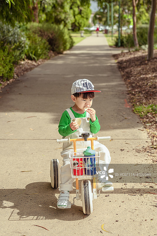 树林林荫小道上骑童车的棒球帽男孩图片素材