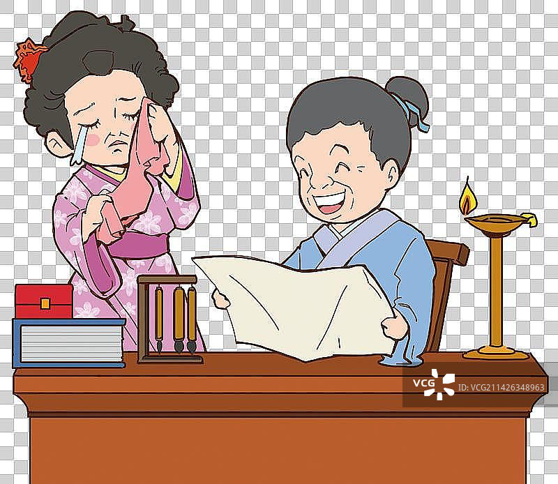 古代夫妻看信女苦男笑油灯毛笔图片素材