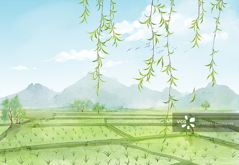 水彩风稻田图片素材