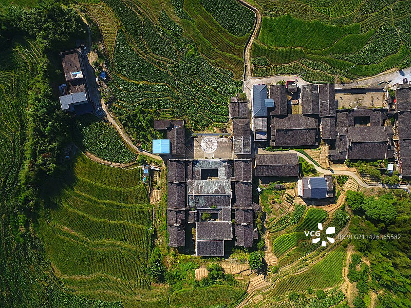 农田老宅美丽乡村-航拍稻田环绕的乡村古建筑图片素材