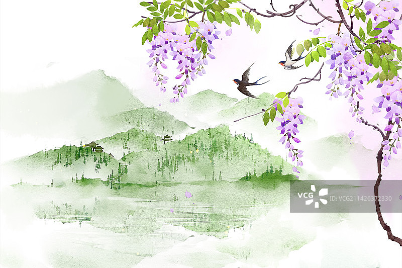 中国风山水紫藤花图片素材
