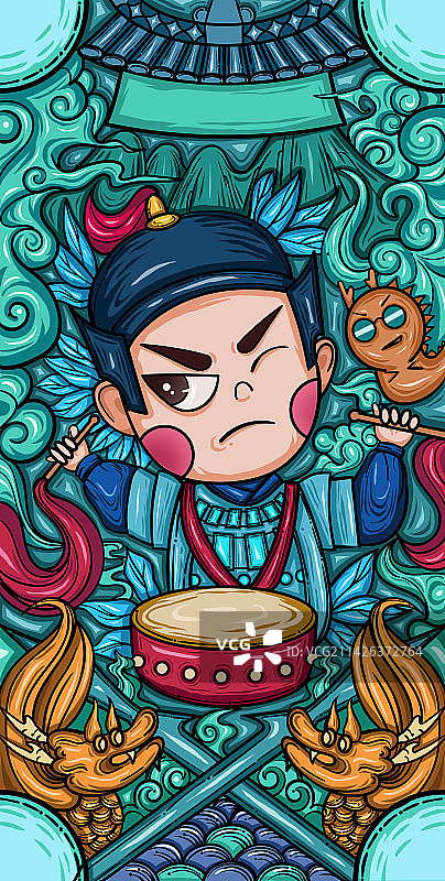 国潮打击乐器创意插画合集——赵云 赵子龙图片素材