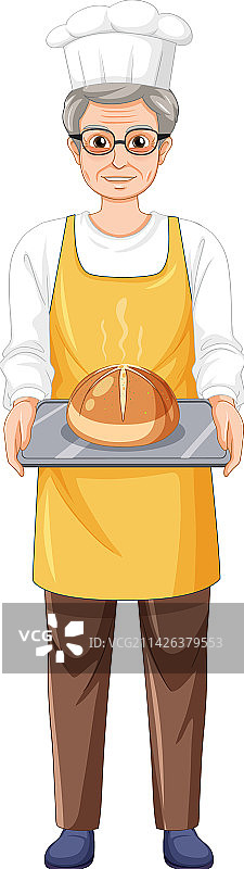 手持小圆面包的年长面包师图片素材