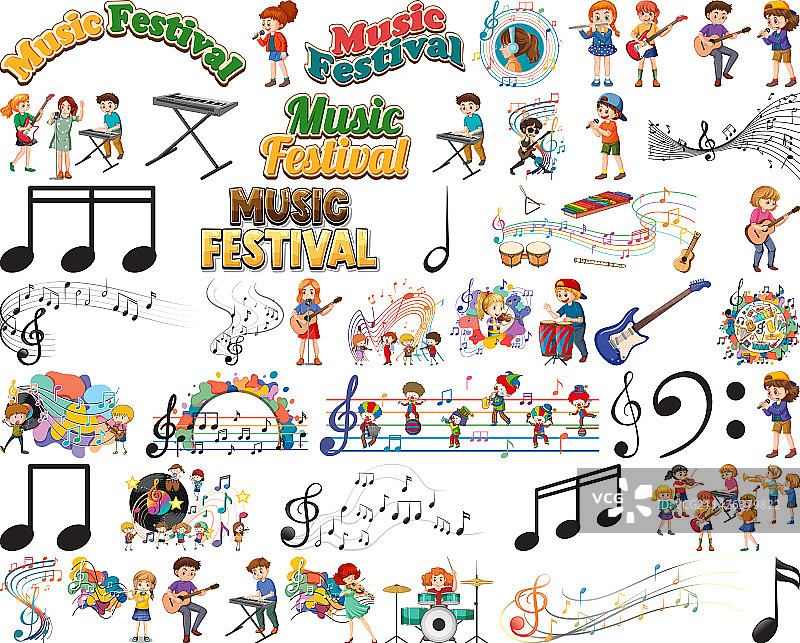儿童乐器和音乐符号套装图片素材