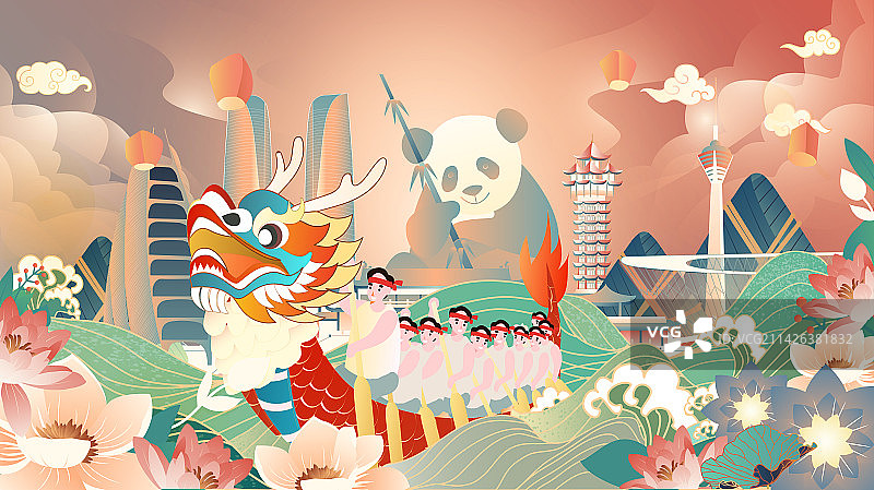 端午节成都划龙舟地标建筑群横版矢量插画图片素材