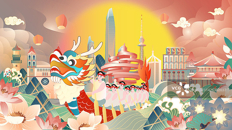端午节青岛划龙舟地标建筑群横版矢量插画图片素材