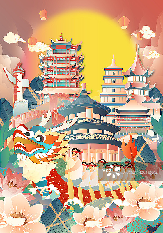 端午节划龙舟全国古代建筑竖版矢量插画图片素材