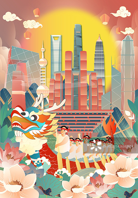 端午节划龙舟全国现代建筑群竖版矢量插画图片素材