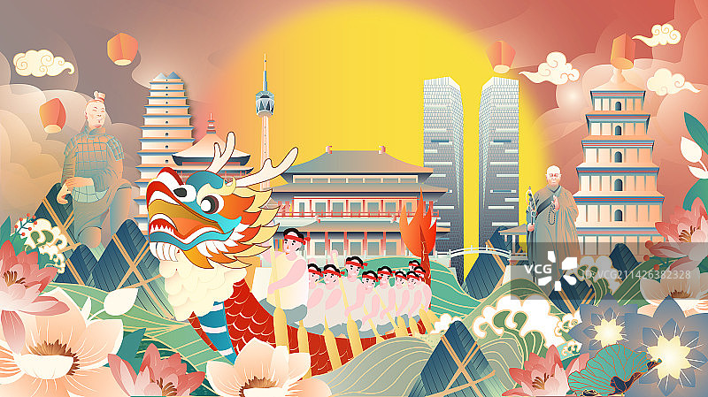 端午节西安划龙舟地标建筑群横版矢量插画图片素材