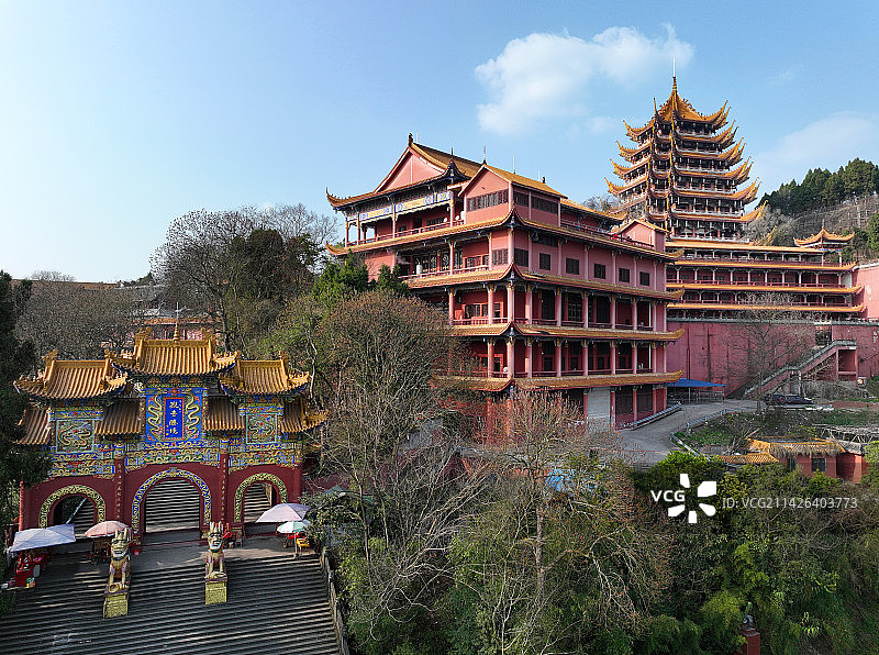 四川省遂宁市船山区中国观音故里灵泉风景区灵泉寺航拍图片素材