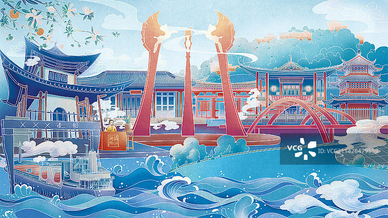 靖江建筑群特色插画图片素材