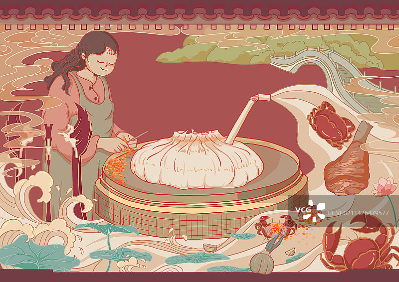 蟹黄汤包包装插画图片素材