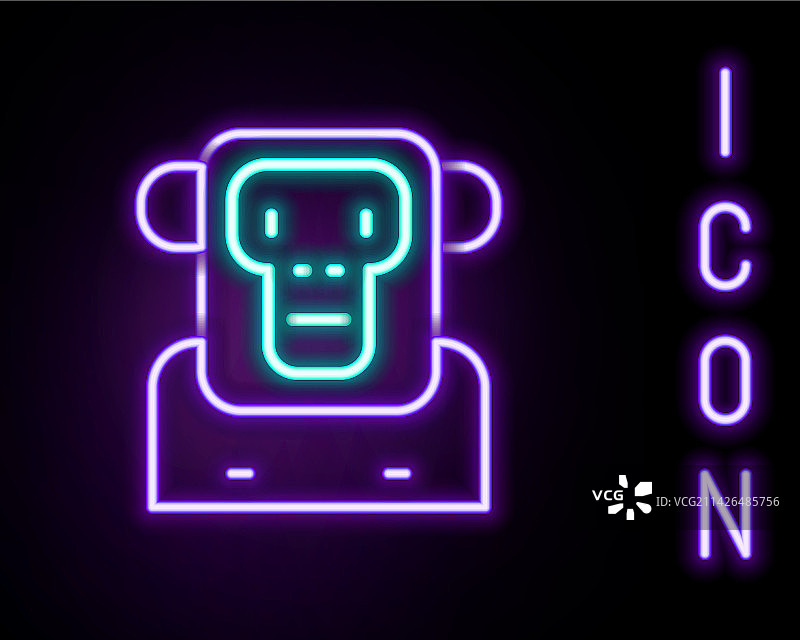 黑色背景上的发光霓虹灯猴子图标图片素材