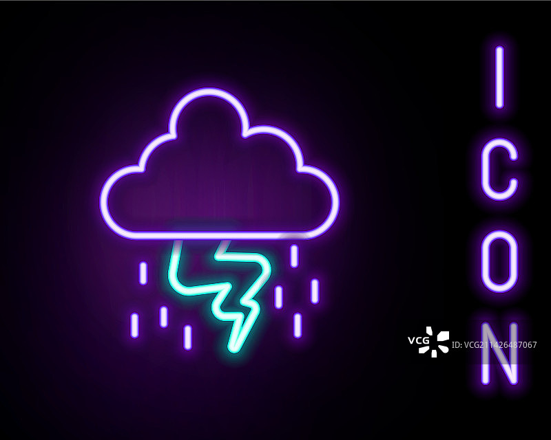 发光的霓虹线：黑色背景上的暴风雨图标图片素材