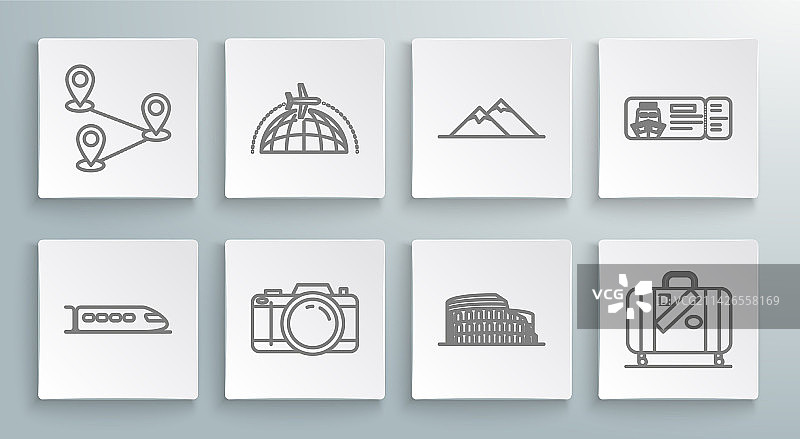 火车、带有飞行飞机的地球仪照片组合图片素材