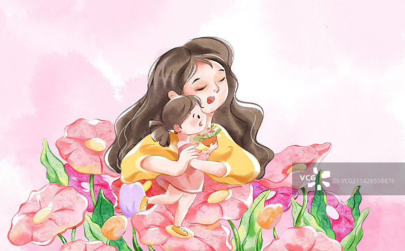 女孩在花朵上给妈妈送礼物花束的母亲节贺图图片素材