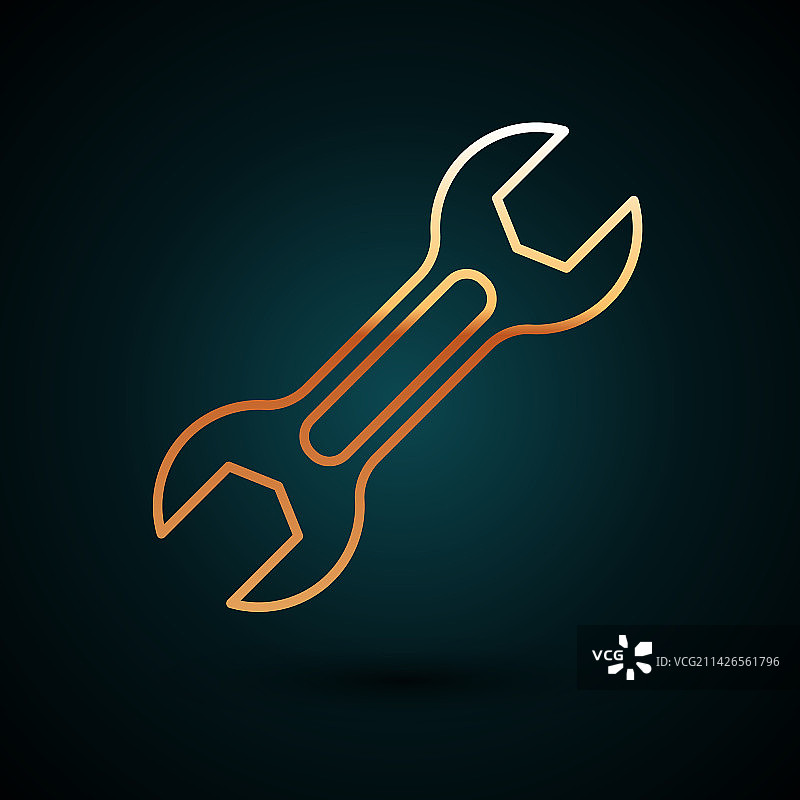 金色线条扳手图标，深色背景图片素材