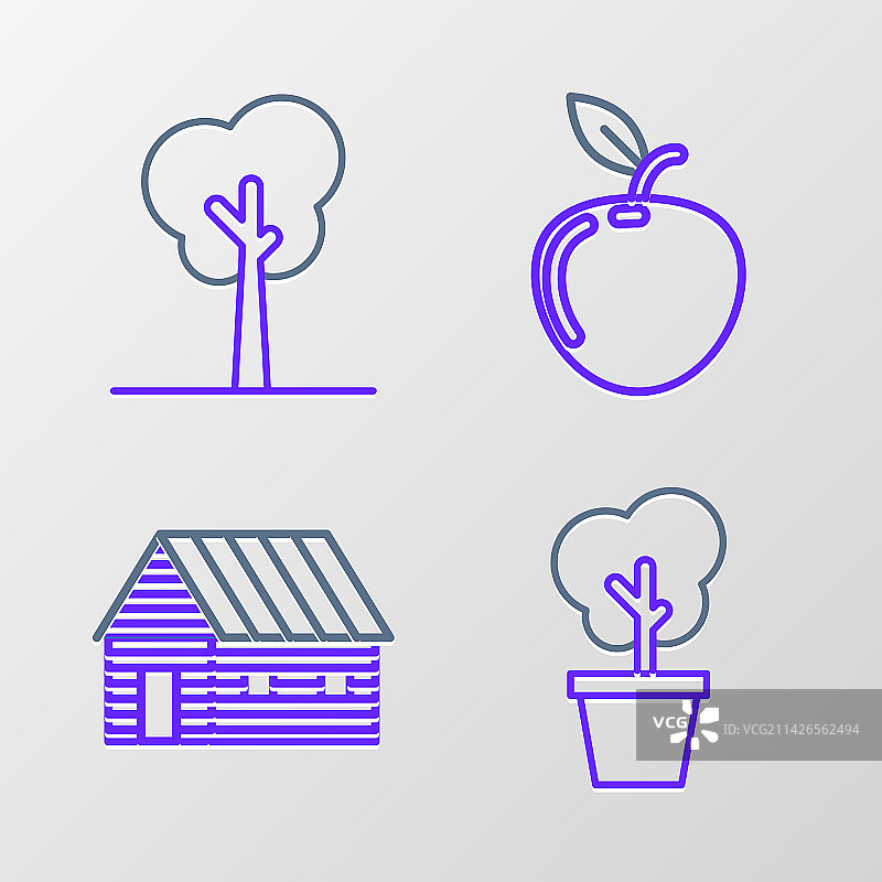 线条盆栽树农舍苹果图标图片素材