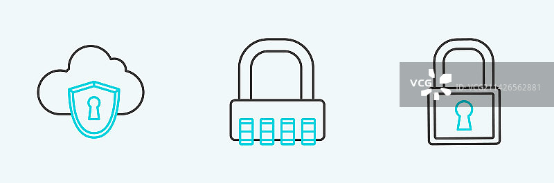 带有锁云盾和安全的线条图片素材
