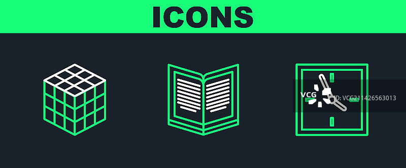 闹钟、魔方和打开的书本图标图片素材