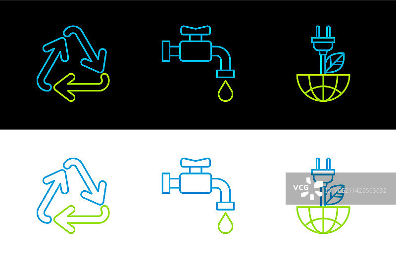 电线、节能插头、树叶和回收标志组合图标图片素材