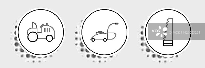 成套线性花园锯、拖拉机和割草机图标图片素材