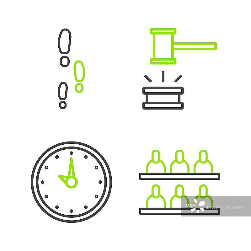 陪审员、时钟、法官木槌和脚步组合图片素材