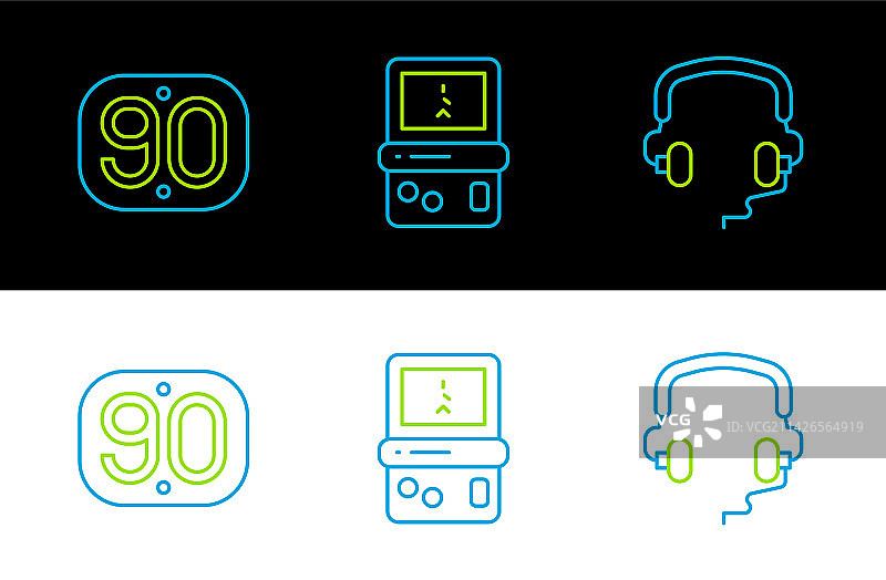 90年代复古耳机与俄罗斯方块图标线条组合图片素材