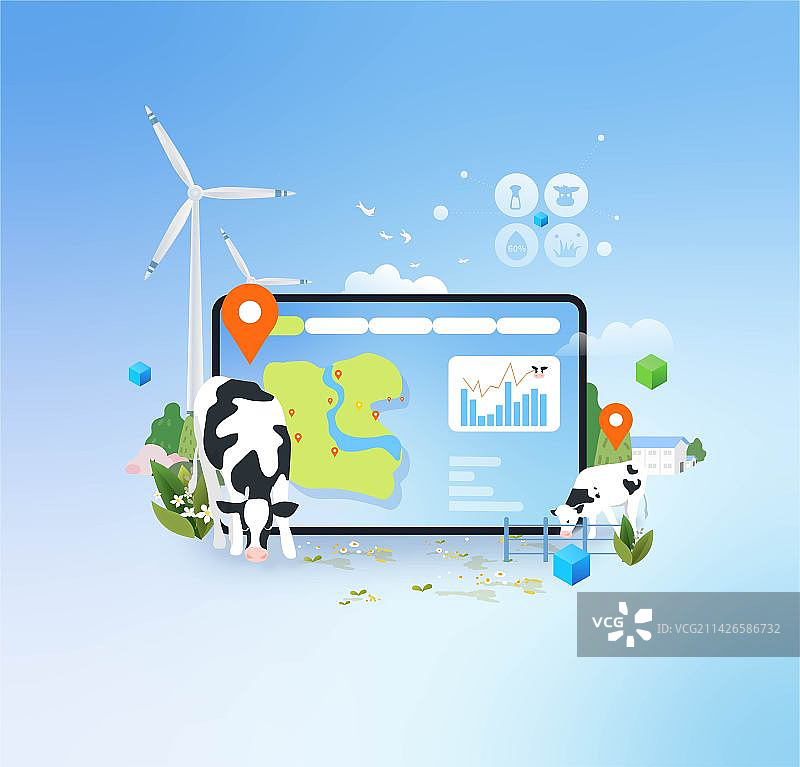 2.5D农业科技畜牧业奶牛养殖与科技矢量插画图片素材