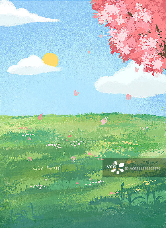 户外蓝天白云樱花草地大自然春绿色清新风景背景扁平插画图片素材