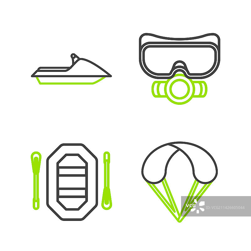 降落伞、漂流艇、潜水面罩等装备图片素材