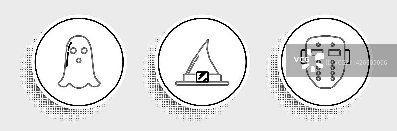 曲棍球面罩、幽灵和巫婆帽图标图片素材