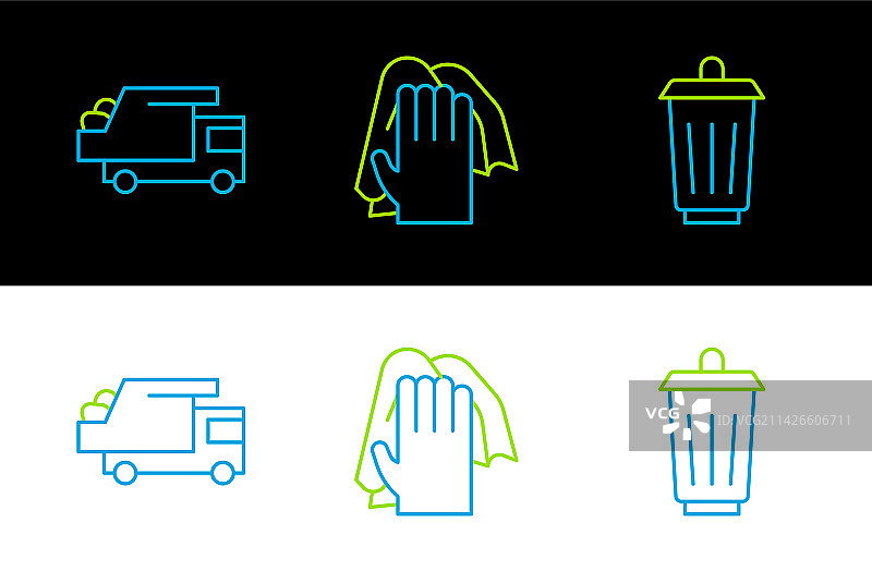 垃圾桶线路、垃圾车和清洁设备图片素材