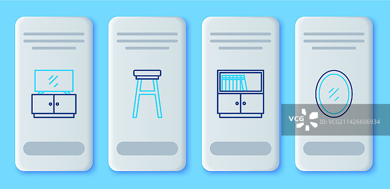 线条家具组合：椅子、书架、电视和桌子图片素材