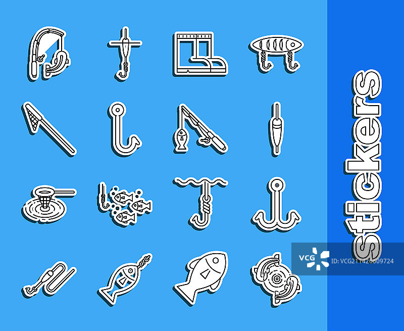 鱼、鱼钩、浮标、靴子和渔网图标图片素材