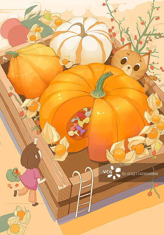丰收节气新年小女孩南瓜马车猫咪童趣捉迷藏插画创意运营绘本图片素材