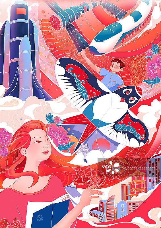 红色渐变科技发展时代高铁飞机火箭卫星新时代图片素材