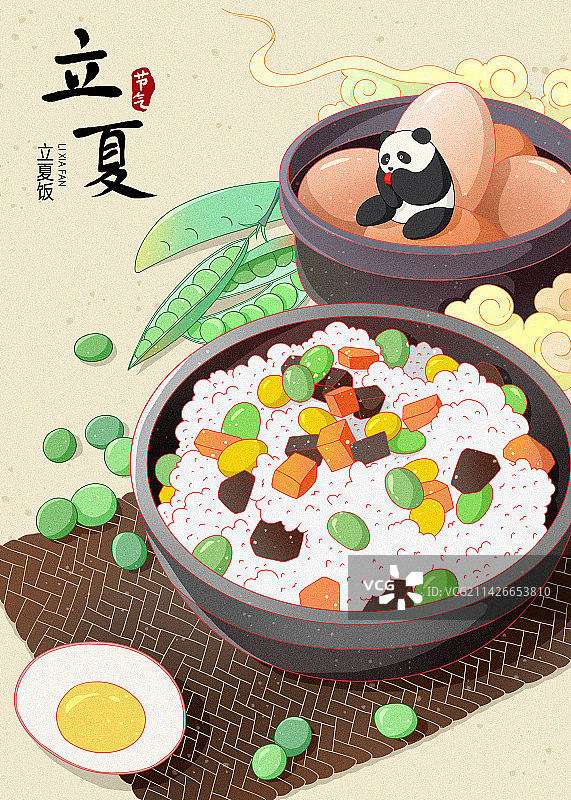 二十四节气国潮熊猫和美食-立夏图片素材