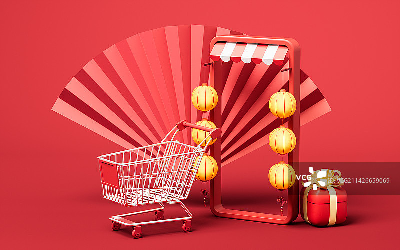 电商店铺与中国风古风灯笼3D渲染图片素材