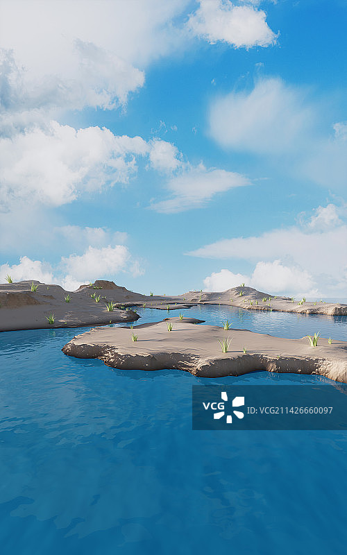 户外地形与湖面3D渲染图片素材