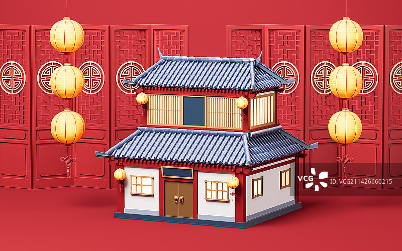 中国风复古古楼建筑3D渲染图片素材